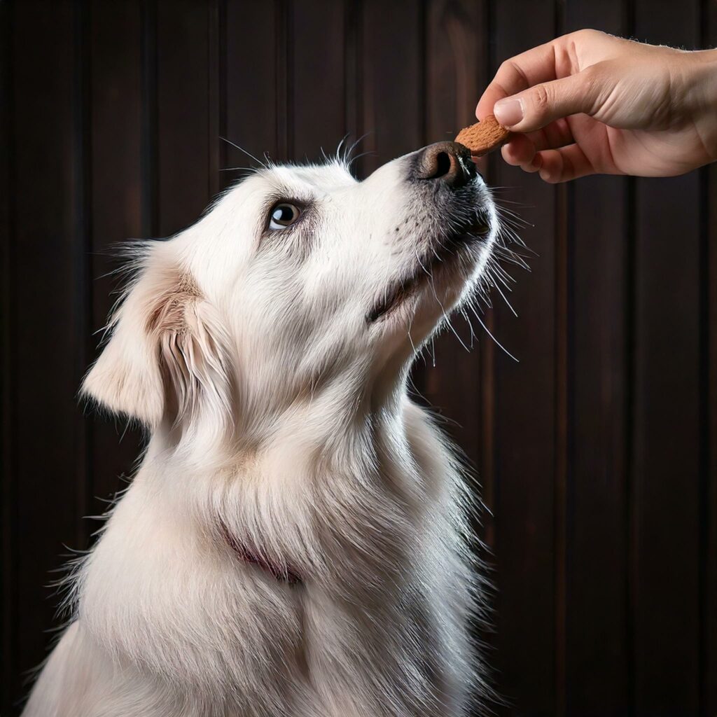 Chien recevant une friandise, illustrant le renforcement alimentaire.