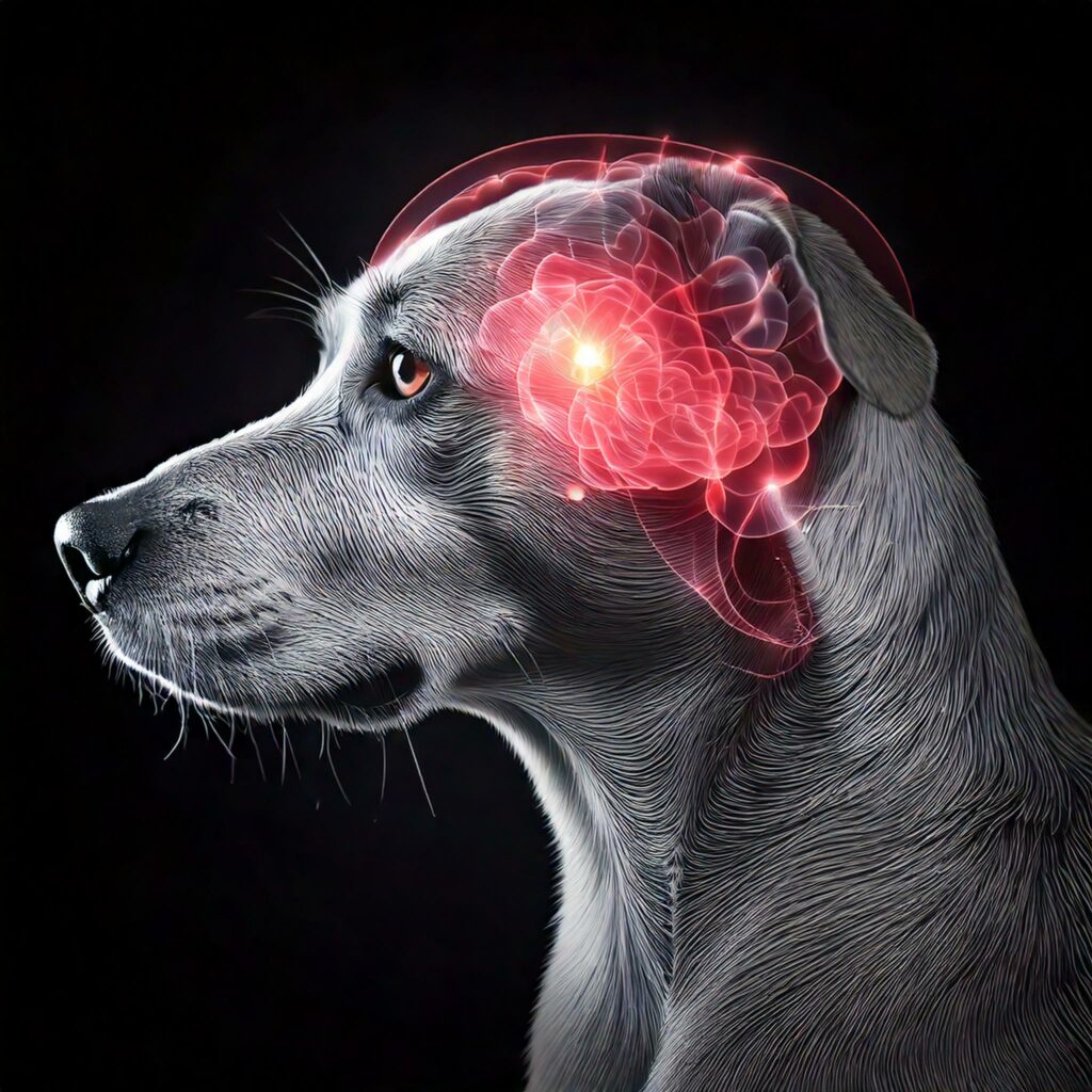 Schéma artistique illustrant le cerveau canin montrant l'activation du noyau caudé lors de la libération de dopamine.